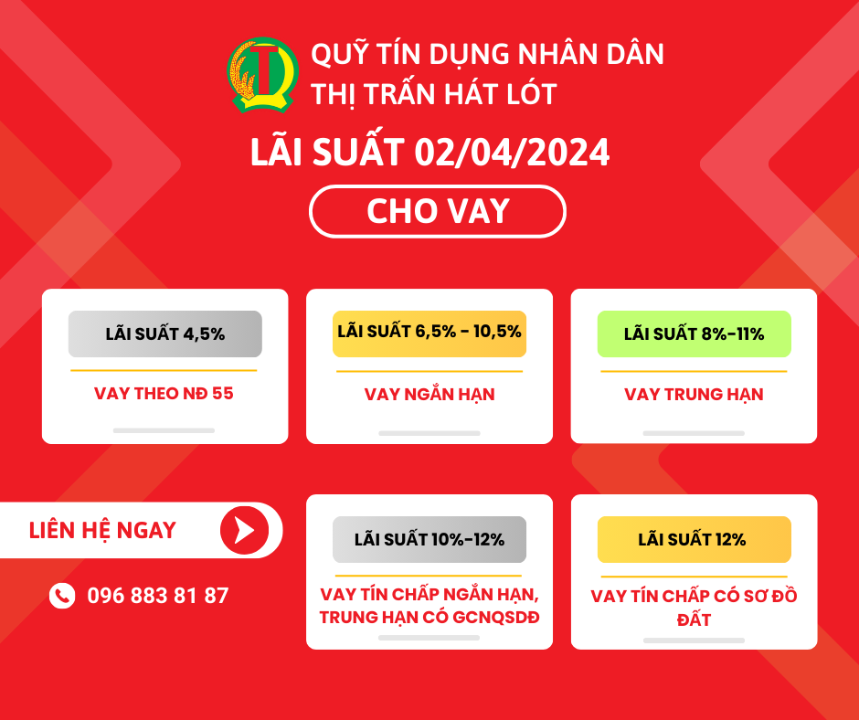 Theo Quyết định số 124/QĐ-HĐQT, từ ngày 03/04/2024, Quỹ Tín Dụng Nhân Dân Hát Lót sẽ áp dụng mức lãi suất cho vay mới